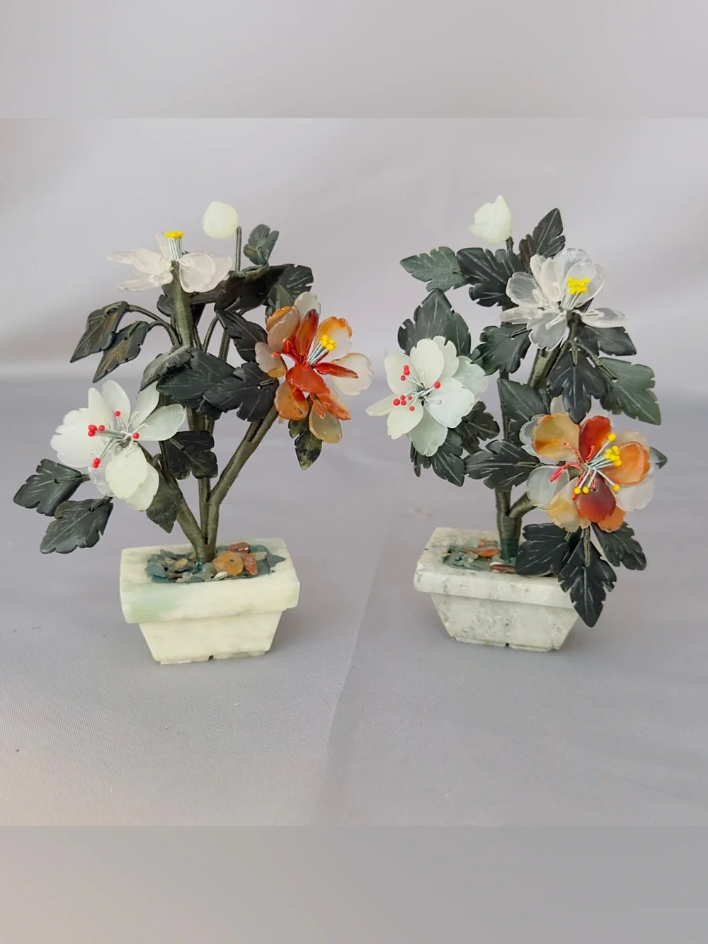 Asian Jade Hardstone Flower Bonsai Trees Jade Planter Pair - White and Orange